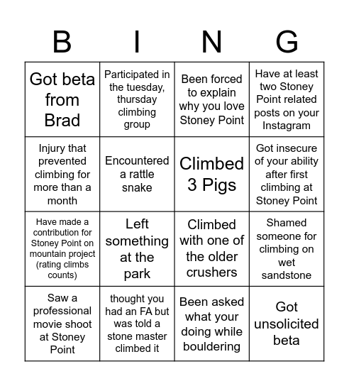 Stoney Point Bingo Card