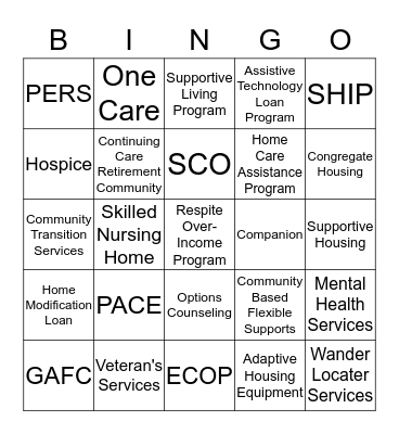 Options Counseling Bingo Card