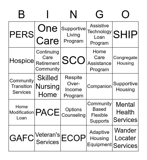 Options Counseling Bingo Card