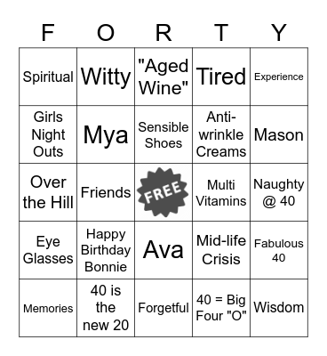 40th Birthday Bingo Card