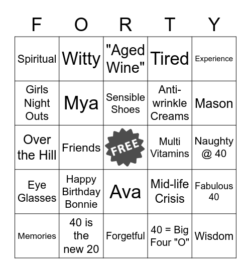 40th Birthday Bingo Card