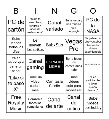 Youtuber Bingo Card