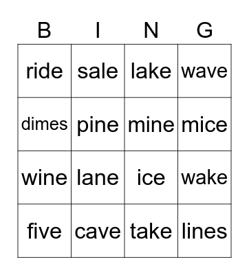 long a, i silent e BINGO Card
