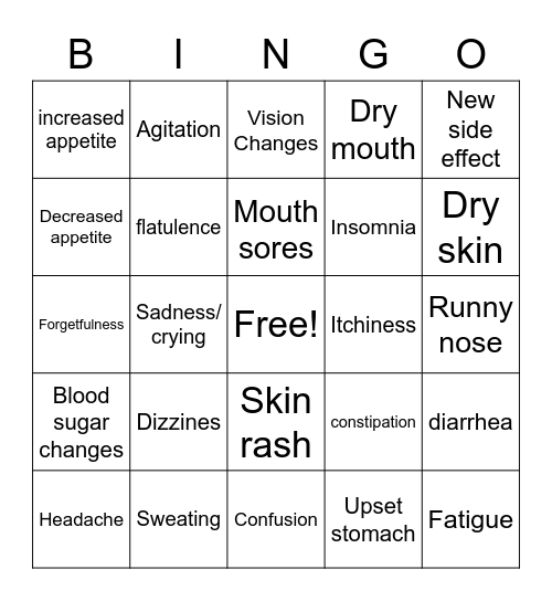 SIDE EFFECTS Bingo Card