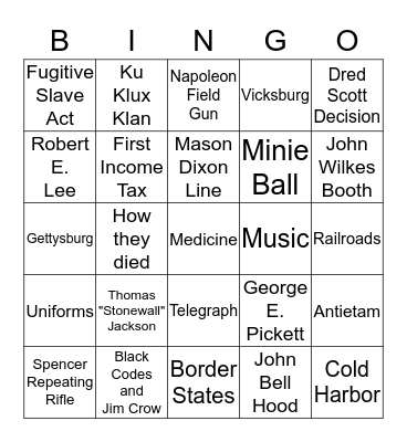 Civil War Bingo Card