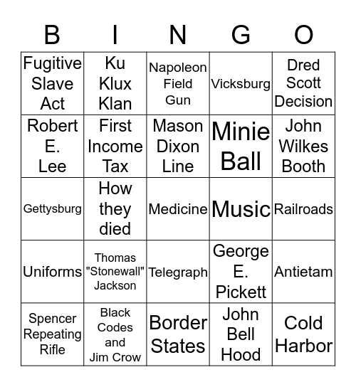 Civil War Bingo Card