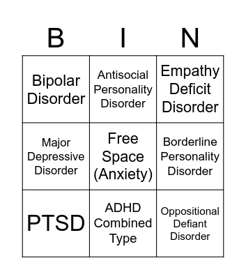 mental illness bingo 🥴 Bingo Card