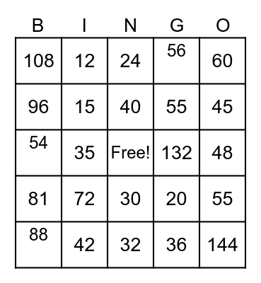 Multiplication BINGO Card