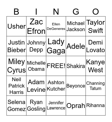 Celebrity Bingo  Bingo Card
