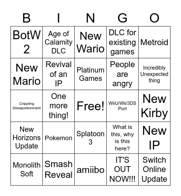 Nintendo E3 Bingo Card