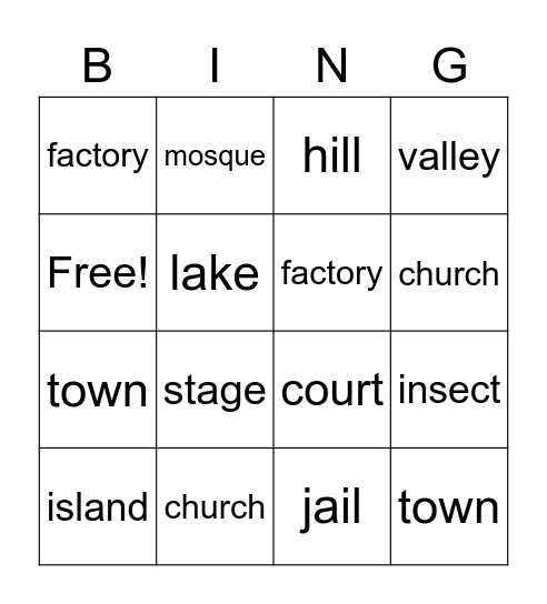 Places Bingo Card