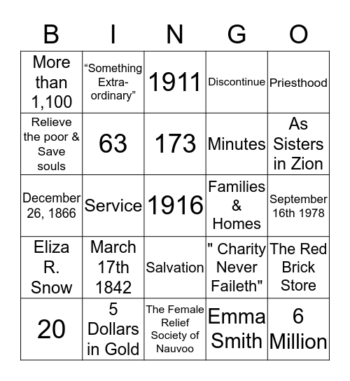 Happy Birthday Relief Society Bingo Card