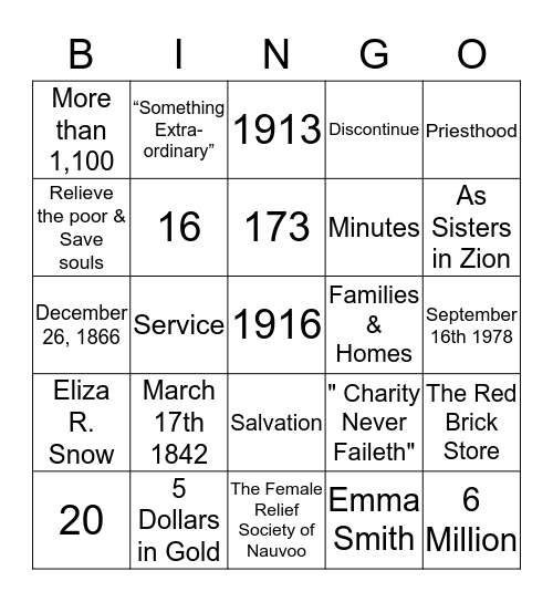 Happy Birthday Relief Society Bingo Card