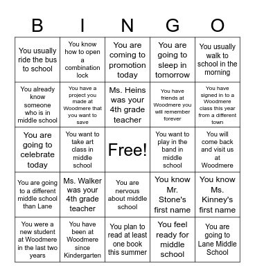 Woodmere Fifth Grade Bingo Card