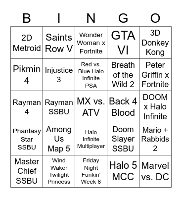 E3/SGF 2021 Predictions Bingo Card