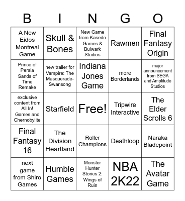 E3 2021 Bingo Card