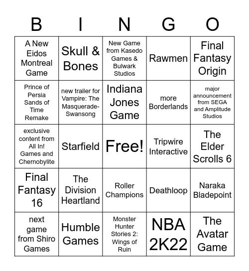 E3 2021 Bingo Card