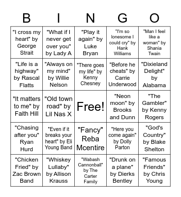 Country Music Bingo Card