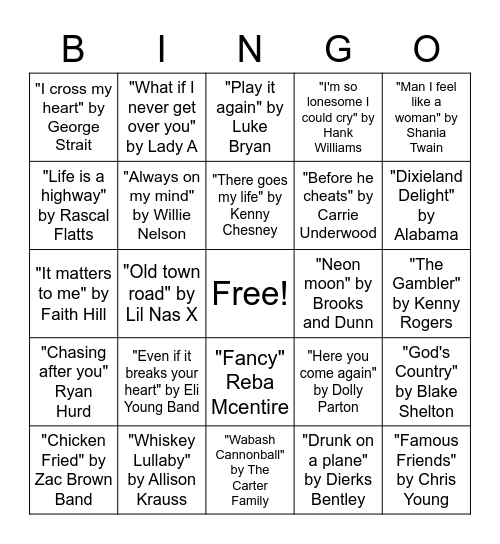 Country Music Bingo Card