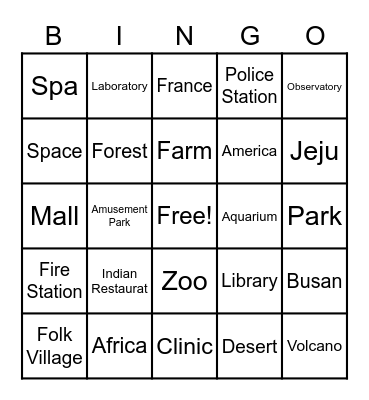 Places Bingo Card