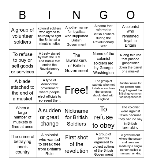 Revolutionary WAR Bingo Card