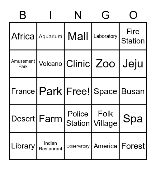 Places Bingo Card