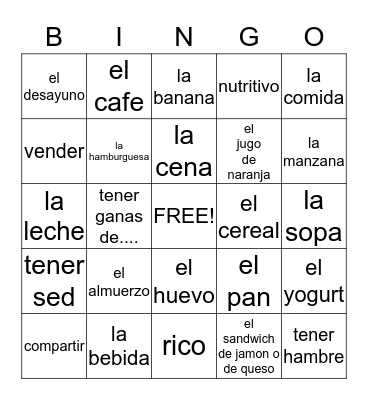 Talk about food and beverages and describe feelings Bingo Card