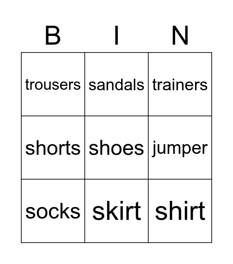 Clothes Bingo Card