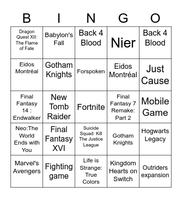 Warner Bros/Square Enix Bros E3 BINGO Card