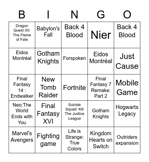 Warner Bros/Square Enix Bros E3 BINGO Card