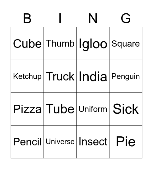 Spelling Bingo Card