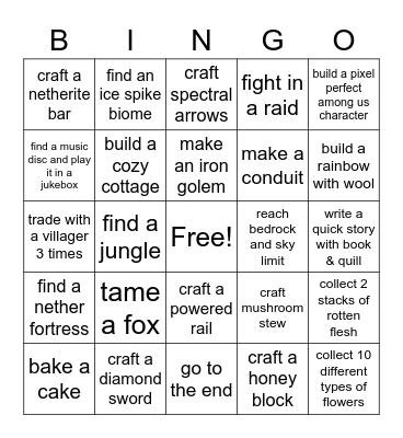 Minecraft Challenge Bingo Card