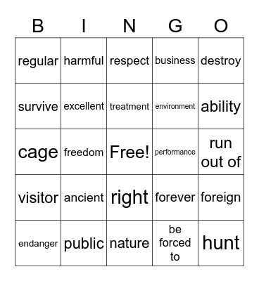 Unit 3 Zoos Bingo Card