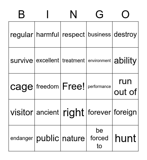 Unit 3 Zoos Bingo Card