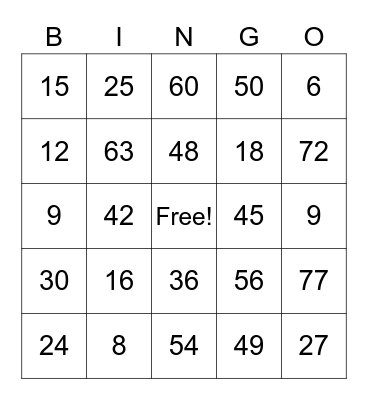 Multiplication Bingo Card