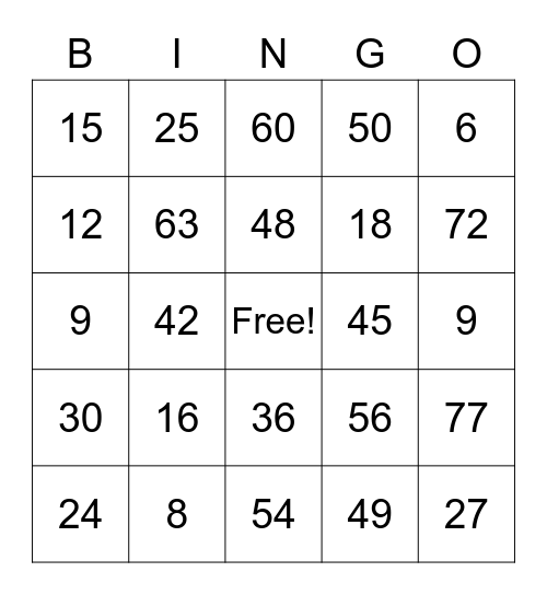 Multiplication Bingo Card
