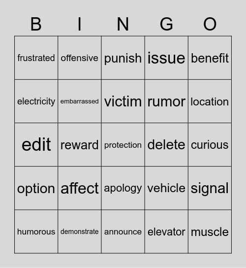 vocabulary review Bingo Card