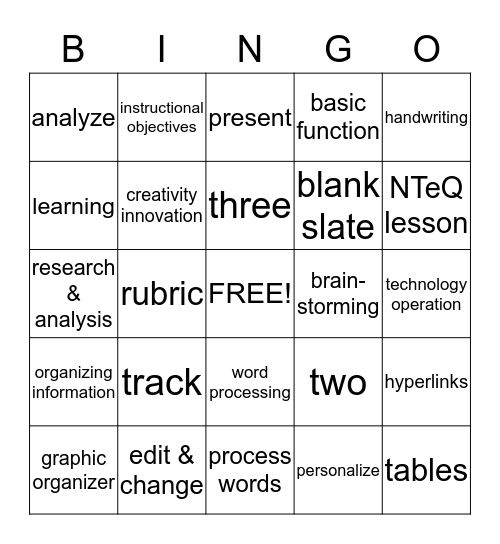 Word Processing Bingo Card