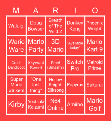 Nintendo Direct e3 2021 Bingo Card