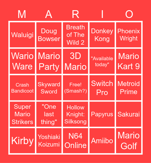 Nintendo Direct e3 2021 Bingo Card