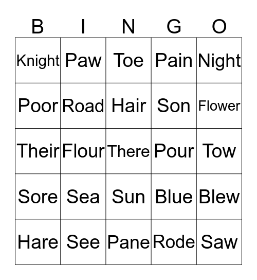 Homophones Bingo Card