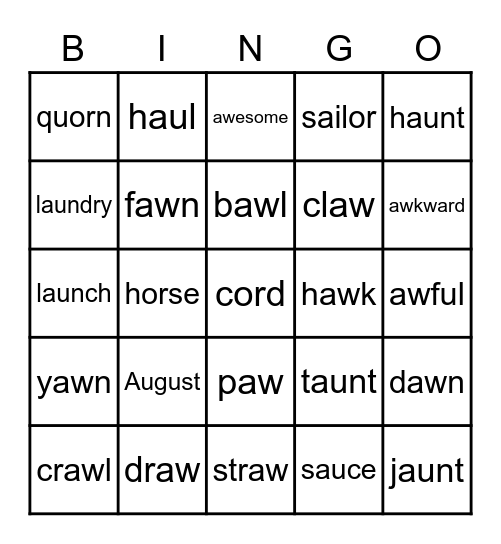 Diphthong AU, AW Bingo Card