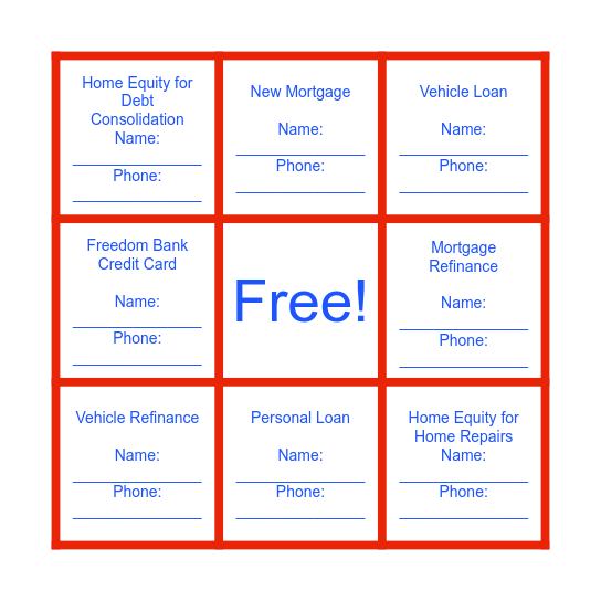 Freedom Bank Teller Bingo! Bingo Card