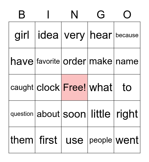 Sight Word Bingo Card