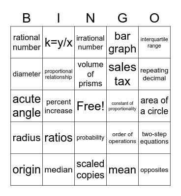7th Grade Math Bingo Card