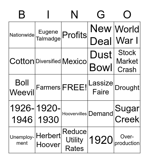 Great Depression #1 Bingo Card