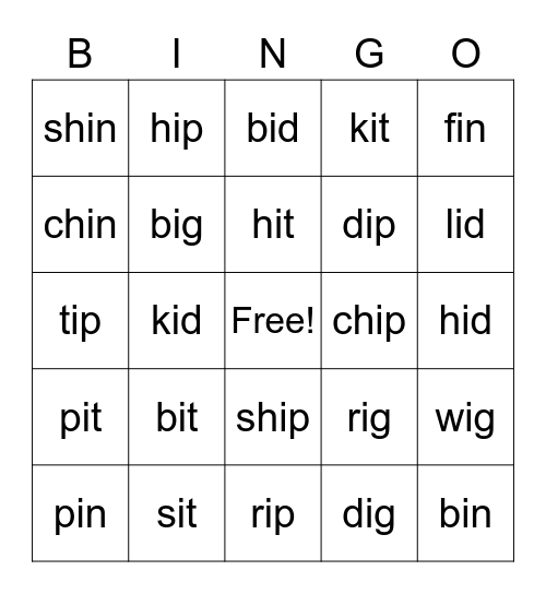 Short i Bingo Card