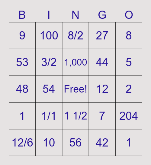 End of Year Math Bingo Card