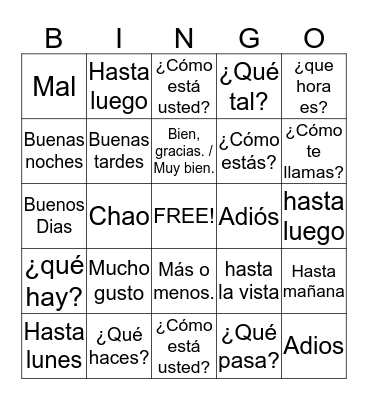 Spanish Conversation Parts Bingo Card
