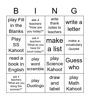 LAST WEEK OF SCHOOL Bingo!! Bingo Card